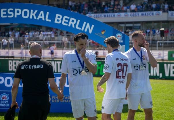 Soccer, Men, Season 2025 2026, Final COSY WASCH Landespokal Berlin, VSG Altglienicke BFC Dynamo, f l Rufat Dadashov BFC Dynamo , Leandro Putaro BFC Dynamo , Tobias Gunte BFC Dynamo , Disappointment after final whistle, 23 05 2026, Copyright: xMatthiasxKochx