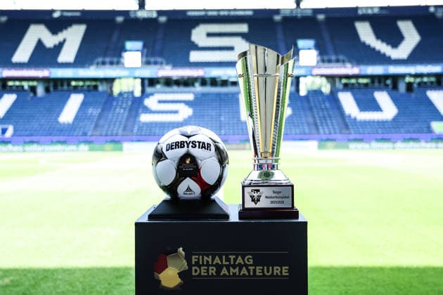 sports, soccer, FVN Niederrheinpokal season 2025 2026 final SC St Tönos 11 20 vs MSV Duisburg 16 05 2026, schauinsland reisen arena match ball from Derbystar for the final day of the amateurs with the Niederrheinpokal on a steal Duisburg schauinsland reisen arena Nordrhein Westfalen Germany