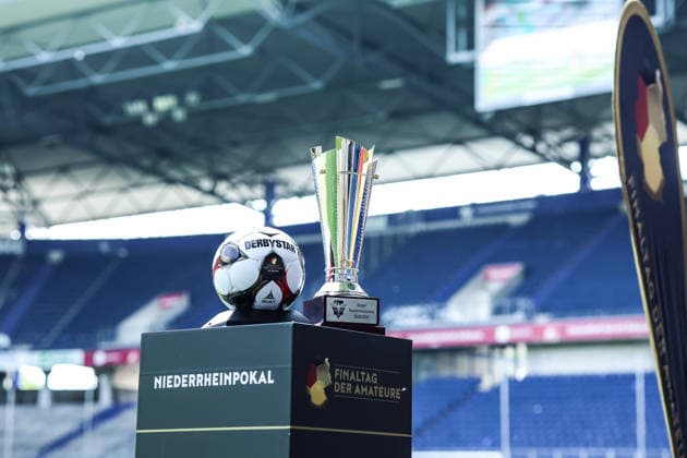 sports, soccer, FVN Niederrheinpokal season 2025 2026 final SC St Tönos 11 20 vs MSV Duisburg 16 05 2026, schauinsland reisen arena match ball from Derbystar for the final day of the amateurs with the Niederrheinpokal on a steal Duisburg schauinsland reisen arena Nordrhein Westfalen Germany