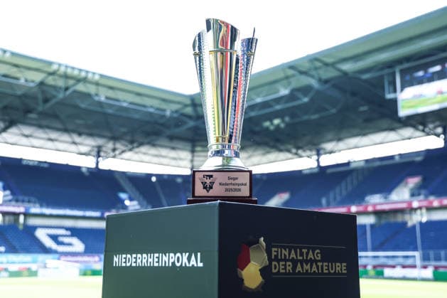 sports, soccer, FVN Niederrheinpokal season 2025 2026 final SC St Tönos 11 20 vs MSV Duisburg 16 05 2026, schauinsland reisen arena The trophy from the Niederrheinpokal before the match Duisburg schauinsland reisen arena Nordrhein Westfalen Germany