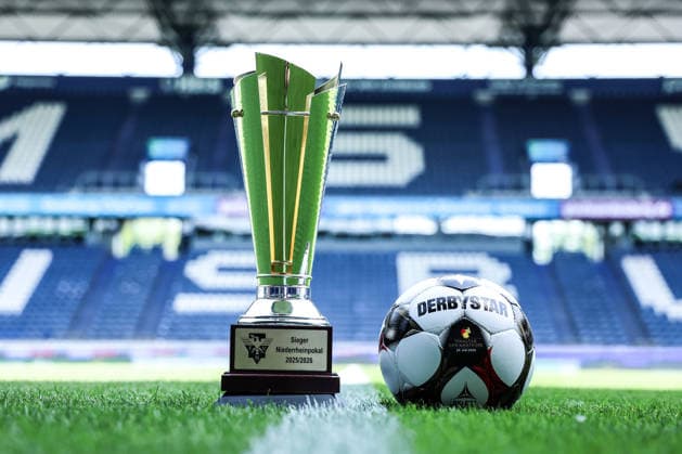 Sports, Football, FVN Niederrheinpokal Season 2025 2026 Final SC St Tönos 11 20 vs MSV Duisburg 16 05 2026, schauinsland reisen arena The trophy from the Niederrheinpokal before the match with the match ball for the final day of the amateurs of Derbystar Duisburg schauinsland reisen arena Nordrhein Westfalen Germany