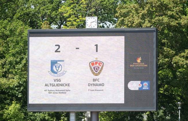 Soccer, Men, Season 2025 2026, Final COSY WASCH Landespokal Berlin, VSG Altglienicke BFC Dynamo, Scoreboard with 2 1 final score, 23 05 2026, Copyright: xMatthiasxKochx