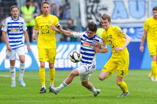 23 05 2026, xydrx, men, soccer, amateur final day, Niederrheinpokal final, SC St Tönis 11 20 MSV Duisburg, season 2025 2026, Schauinsland Reisen Arena Jan Simon Symalla MSV Duisburg, 23 in duel against Niklas Withofs SC St Tönis, 5 Copyright: HMBxMedia YannisxDreimann