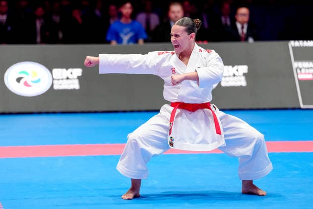 Germany EKF Karate European Championship Seniors 2026 Eissporthalle, Frankfurt Lehner Tamara AUT, Red during the bronze medal round in the Female Kata category against Cruz Ana POR, Blue Frankfurt am Main Eissporthalle Frankfurt Hessen Germany Copyright: xKjetilxWaberx