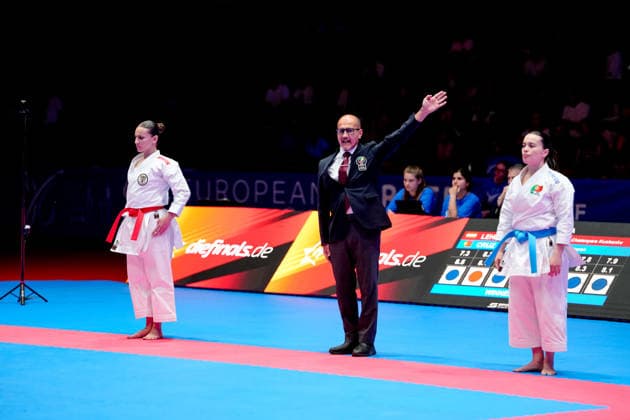 Germany EKF Karate European Championship Seniors 2026 Eissporthalle, Frankfurt Lehner Tamara AUT, Red loses the fight for the bronze medal in the Female Kata category against Cruz Ana POR, Blue Frankfurt am Main Eissporthalle Frankfurt Hessen Germany Copyright: xKjetilxWaberx