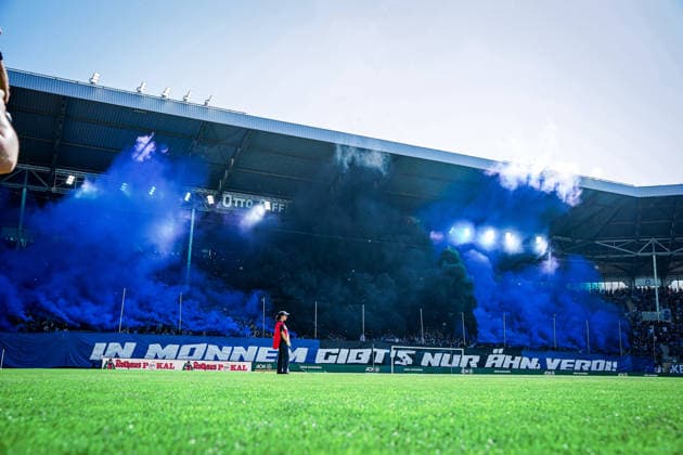 Germany Soccer bfv Rothaus Pokal 2025 2026 , Final VfR Mannheim vs SV Waldhof Mannheim Carl Benz Stadion Mannheim Choreo, Choreography, Grandstand, Pyro, Fans Copyright: xBennetxLongx