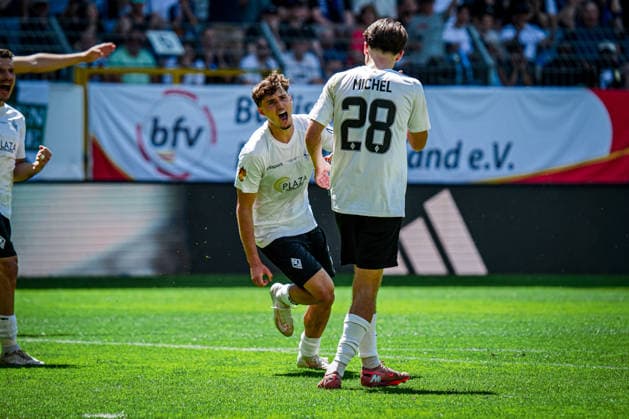 Germany Soccer bfv Rothaus Pokal 2025 2026 , Final VfR Mannheim vs SV Waldhof Mannheim Carl Benz Stadion Mannheim Lovis Bierschenk SV Waldhof Mannheim, 7 facial expression, facial expression, goal celebration, goal, joy, emotion, gesture, gesture Copyright: xBennetxLongx