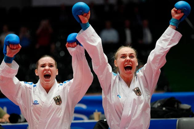 Germany EKF Karate European Championship Seniors 2026 Eissporthalle, Frankfurt Mia Bitsch GER, right together with Shara Hubrich during the Team Kumite fights Frankfurt am Main Eissporthalle Frankfurt Hessen Germany Copyright: xKjetilxWaberx