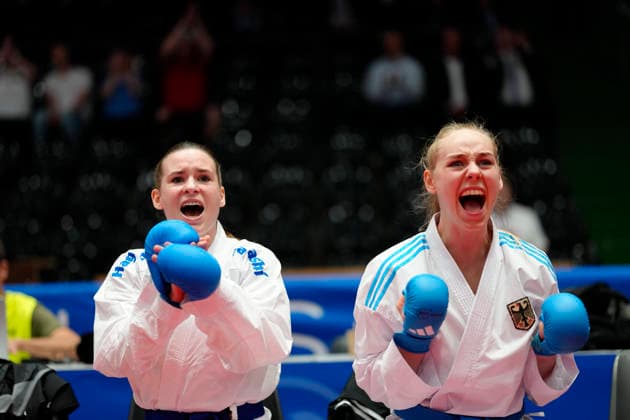 Germany EKF Karate European Championship Seniors 2026 Eissporthalle, Frankfurt Mia Bitsch GER, right together with Shara Hubrich during the Team Kumite fights Frankfurt am Main Eissporthalle Frankfurt Hessen Germany Copyright: xKjetilxWaberx