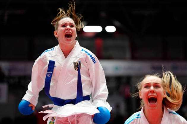 Germany EKF Karate European Championship Seniors 2026 Eissporthalle, Frankfurt Mia Bitsch GER, right together with Shara Hubrich GER, left during the Team Kumite fights Frankfurt am Main Eissporthalle Frankfurt Hessen Germany Copyright: xKjetilxWaberx