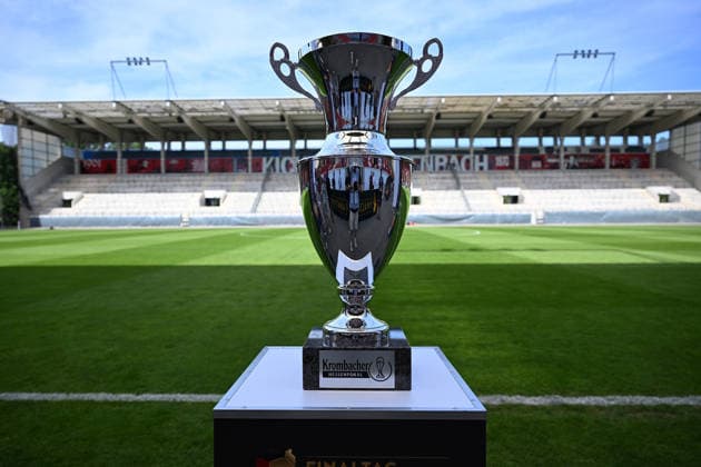 23 05 2026, xpsx, soccer final Hessenpokal, SG Barockstadt Fulda Lehnerz SV Wehen Wiesbaden v l trophy cup Hessenpokal symbol photo, symbol picture DFL DFB REGULATIONS PROHIBIT ANY USE OF PHOTOGRAPHS as IMAGE SEQUENCES and or QUASI VIDEO Offenbach