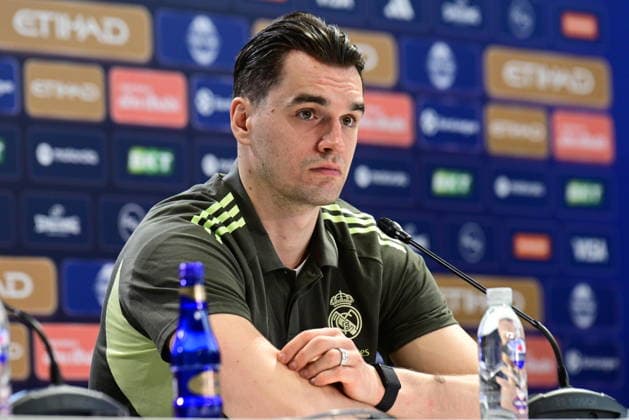 Pressconference Olympiacos v Real Madrid Final Euroleague Mario Hezonja of Real Madrid speaks during the press conference prior to the Euroleague Final Four game between Olympiacos and Real Madrid in Athens, Greece, on May 23, 2026 Athens Greece Basketball Copyright: xAgenciaxLOFx