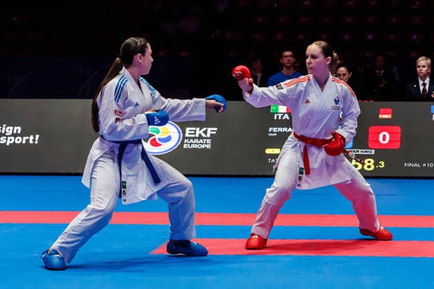 Clemence Pea FRA, red against Clio Ferracuti ITA, blue in the final women 68 , 23 05 2026, Frankfurt am Main Germany , 61 Karate European Championships 2026 Frankfurt Main xprx