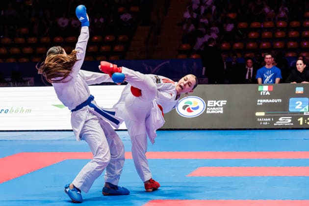 Clemence Pea FRA, red against Clio Ferracuti ITA, blue in the final women 68 , 23 05 2026, Frankfurt am Main Germany , 61 Karate European Championships 2026 Frankfurt Main xprx