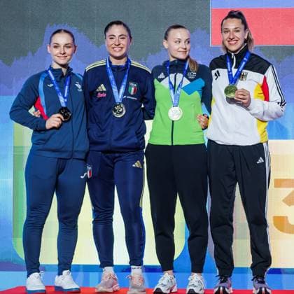 Award ceremony women kumite 68 from left Clemence Pea FRA , Clio Ferracuti ITA , Zala Maria Zibret SLO , Johanna Kneer GER , 23 05 2026, Frankfurt am Main Germany , 61 European Karate Championships 2026 Frankfurt Main xprx