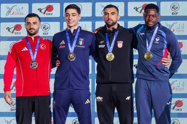 Award ceremony Men Kumite 84 from left Ugur Aktas TUR , Matteo Avanzini ITA , Andjelo Kvesic CRO , mHendrick Confiac FRA , 23 05 2026, Frankfurt am Main Germany , 61 European Karate Championships 2026 Frankfurt Main xprx