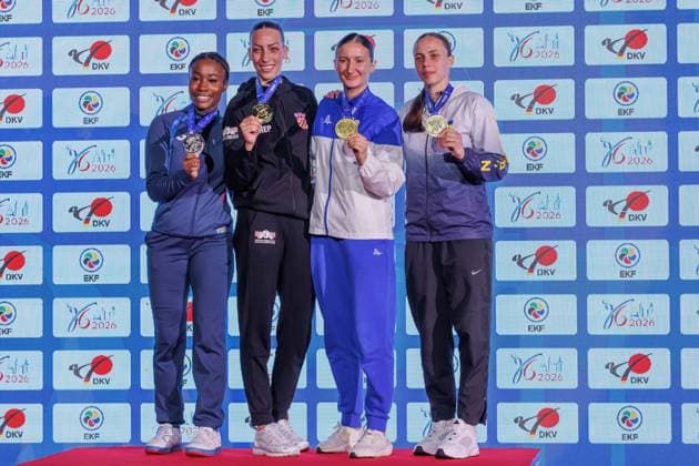 Award ceremony women kumite 68 from left Thalya Sombe FRA , Sadea Becirovic CRO , Iryna Zaretska AZE , Elina Sieliemienieva UKR , 23 05 2026, Frankfurt am Main Germany , 61 European Karate Championships 2026 Frankfurt Main xprx