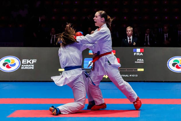 Clemence Pea FRA, red against Clio Ferracuti ITA, blue in the final women 68 , 23 05 2026, Frankfurt am Main Germany , 61 Karate European Championships 2026 Frankfurt Main xprx