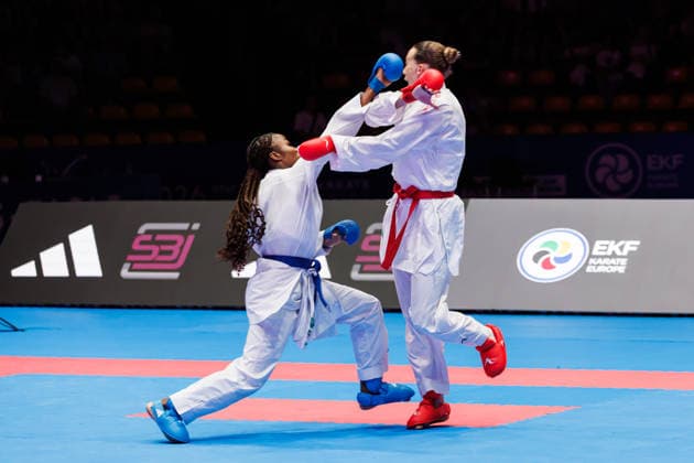 Sadea Becirovic CRO, red against Thalya Sombe FRA, blue in the final women 68, 23 05 2026, Frankfurt am Main Germany , 61 European Karate Championships 2026 Frankfurt Main xprx