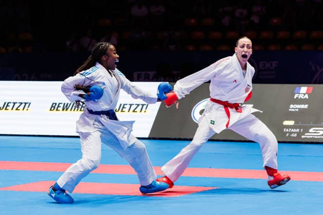 Sadea Becirovic CRO, red against Thalya Sombe FRA, blue in the final women 68, 23 05 2026, Frankfurt am Main Germany , 61 European Karate Championships 2026 Frankfurt Main xprx