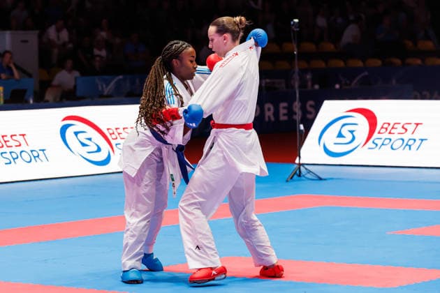 Sadea Becirovic CRO, red against Thalya Sombe FRA, blue in the final women 68, 23 05 2026, Frankfurt am Main Germany , 61 European Karate Championships 2026 Frankfurt Main xprx