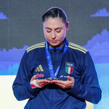 Award ceremony Womens Kumite 68 Clio Ferracuti ITA Winner, first place, gold medal, 23 05 2026, Frankfurt am Main Germany , 61 European Karate Championships 2026 Frankfurt Main xprx