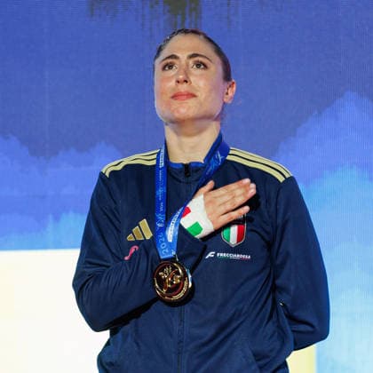 Award ceremony Womens Kumite 68 Clio Ferracuti ITA Winner, first place, gold medal, 23 05 2026, Frankfurt am Main Germany , 61 European Karate Championships 2026 Frankfurt Main xprx