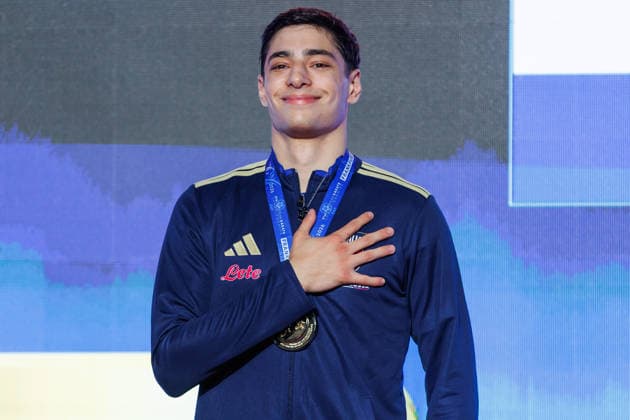 Award ceremony Mens Kumite 84 Matteo Avanzini ITA Winner, first place, gold medal, 23 05 2026, Frankfurt am Main Germany , 61 European Karate Championships 2026 Frankfurt Main xprx