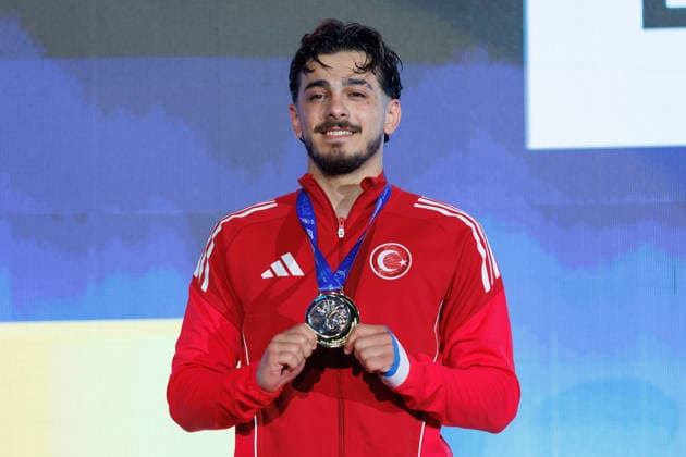 Award ceremony Mens Kumite 75 Omer Faruk Yurur TUR Winner, first place, gold medal, 23 05 2026, Frankfurt am Main Germany , 61 European Karate Championships 2026 Frankfurt Main xprx