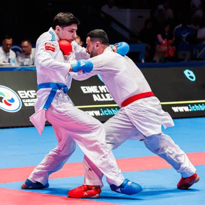 Ugur Aktas TUR, red against Matteo Avanzini ITA, blue in the final men 84 , 23 05 2026, Frankfurt am Main Germany , 61 European Karate Championships 2026 Frankfurt Main xprx