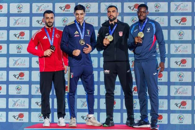 Award ceremony Men Kumite 84 from left Ugur Aktas TUR , Matteo Avanzini ITA , Andjelo Kvesic CRO , mHendrick Confiac FRA , 23 05 2026, Frankfurt am Main Germany , 61 European Karate Championships 2026 Frankfurt Main xprx