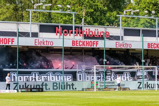 Pyrotechnics will be used in the fan block of SC Verl GER, SC Verl vs SF Lotte, Football, Westfalenpokal, Finale, Spielzeit 2025 2026, 23 05 2026 DFL Regulations prohibit any use of photographers as image sequences and or quasi video GER, SC Verl vs SF Lotte, Football, Westfalenpokal, Finale, Spielzeit 2025 2026, 23 05 2026 Verl Copyright: xEibner-Pressefoto JanxRollingerx EP_JSK