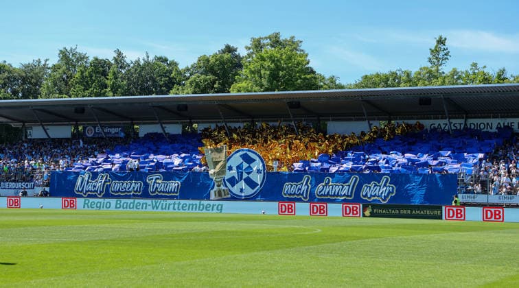 Stuttgart Degerloch, Football Wfv Cup Final Stuttgarter Kickers vs SG Sonnenhof Großaspach, Choreo in the Stuttgart B Block Make our dream come true once again