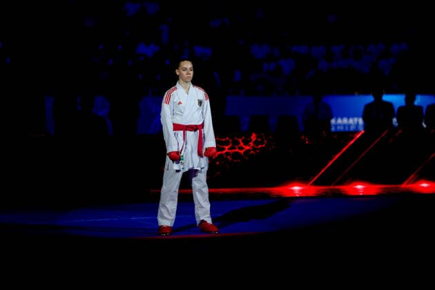 Germany EKF Karate European Championship Seniors 2026 Eissporthalle, Frankfurt Bitsch Mia GER, Red in the bronze medal match in the Female Kumite 55kg category against Terliuga Anzhelika UKR, Blue Frankfurt am Main Eissporthalle Frankfurt Hessen Germany Copyright: xKjetilxWaberx