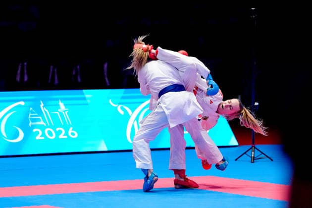 Germany EKF Karate European Championship Seniors 2026 Eissporthalle, Frankfurt Bitsch Mia GER, Red in the bronze medal match in the Female Kumite 55kg category against Terliuga Anzhelika UKR, Blue Frankfurt am Main Eissporthalle Frankfurt Hessen Germany Copyright: xKjetilxWaberx