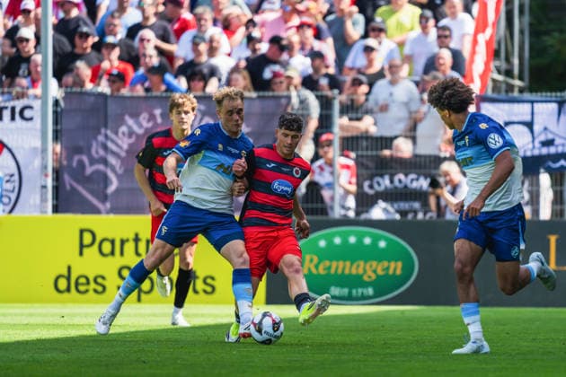 Tim Bornemann Fortuna Koeln, 19 in duel with Taylan Duman Viktoria Köln, 04 Fortuna Köln vs FC Viktoria Köln, Football, Landespokal Mittelrhein 2025 26, Final, Season 2025 26, 23 05 2026, Fortuna Köln vs FC Viktoria Köln, Football, Landespokal Mittelrhein, Final, Season 2025 26, 23 05 2026 Köln Copyright: xEibner-Pressefoto LukasxBaldygax EP_LBA