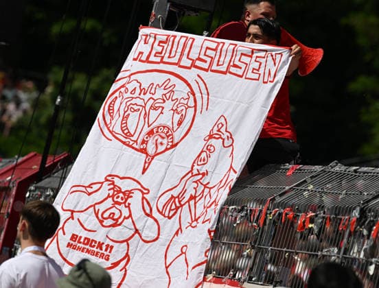 23 05 2026, xophax, Fußball , Vebandspokal Final Bitburger Pokal 2025 2026 SC Fortuna Köln vs Viktoria Köln Fortuna Fans and Ultras show poster towards Viktoria Köln Fans Koeln