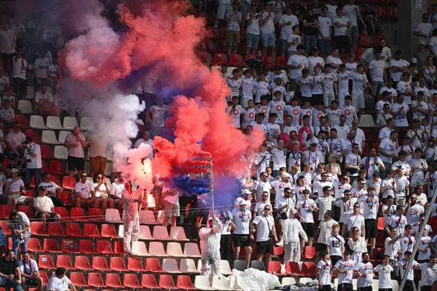 23 05 2026, xpsx, Football final Hessenpokal, SG Barockstadt Fulda Lehnerz SV Wehen Wiesbaden v l Fans, spectators, flags, jerseys, emotions end Pyrotechnics, Benglos, smoke, fog, fireworks DFL DFB REGULATIONS PROHIBIT ANY USE OF PHOTOGRAPHS as IMAGE SEQUENCES and or QUASI VIDEO Offenbach