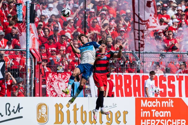 Cologne, Germany 23 May 2026 Mittelrheinpokal 2025 2026 Final Viktoria Köln vs Fortuna Köln In the picture from left in duel Enzo Wirtz Fortuna and Tobias Eisenhuth VIK DFL DFB regulations prohibit any use of photographs as image sequences and or quasi video Sportpark Höhenberg Nordrhein Westfalen Copyright: xFotostandx xKruczynskix