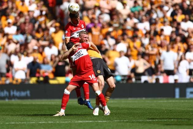 Dael Fry of Middlesbrough heads past Oliver McBurnie of Hull City Hull City v Middlesbrough, EFL Sky Bet Championship, Play-Off Final, Football, Wembley Stadium, London, UK - 23 May 2026London Wembley Stadium United Kingdom EDITORIAL USE ONLY No use with unauthorised audio, video, data, fixture lists, club league logos or live services. Online in-match use limited to 120 images, no video emulation. No use in betting, games or single club league player publications. Copyright: xJamesxMarsh Shutterstockx 16887365hw