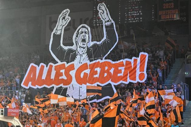 GER, BBL, Playoffs, ratiopharm Ulm vs BMA365 Bamberg Baskets 23 05 2026, ratiopharm arena, Neu Ulm, GER, BBL, Playoffs, ratiopharm Ulm vs BMA365 Bamberg Baskets, in the picture choreography of the Ulm fans before the start of the game nordphotoxGmbHx xHafner nph00200