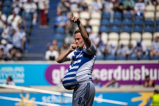 Lower Rhine Cup Final MSV Duisburg SC St Tönis FOR EDITORIAL PURPOSES ONLY p Soccer Lower Rhine Cup Final MSV Duisburg SC St Tönis on 23 05 26 at the Schauinsland Reisen Arena in Duisburg Goal celebration to 2 0 by Aljaz Casar Duisburg Duisburg Copyright JakobxKlos Copyright: JakobxKlos doc85z06hglv3czypvjea9 ,EDITORIAL USE ONLY Copyright: JakobxKlos