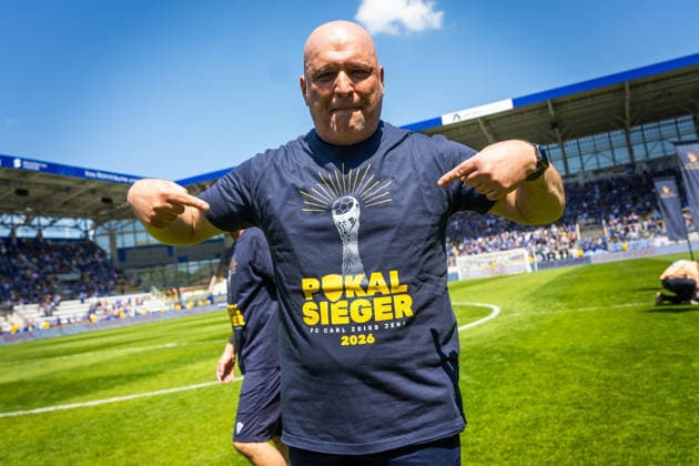 Jena , 230526, Final Soccer Thuringia Cup , FC Carl Zeiss Jena against ZFC Meuselwitz in the picture coach Volkan Uluc Jena after the victory