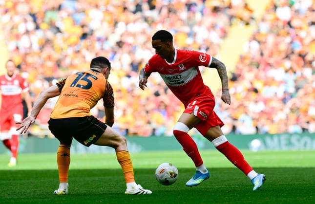 Hull City v Middlesbrough, London, UK - 23 May 2026 Morgan Whittaker of Middlesbrough and John Egan of Hull City during the Sky Bet Championship Playoff Final match between Hull City and Middlesbrough on 23 May 2026 at Wembley Stadium, London. - London Wembley Stadium London GBR Copyright: xAlanxStanford PPAUKx PPA-277019