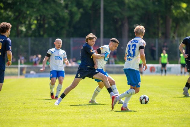 Tim Fürstenau SVP, blue against Kenan Fatkic FCH, white GER, football, national cup, Lüpzer Pils Cup, final, SV Pastow FC Hansa Rostock