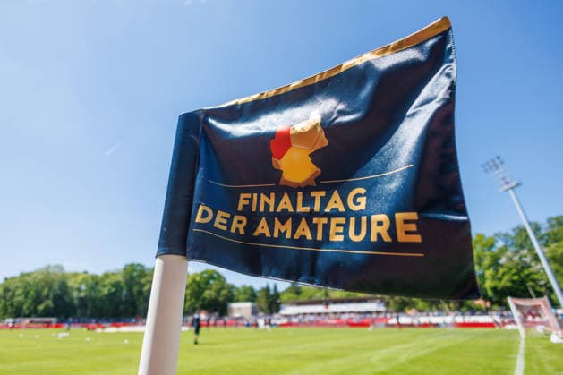 Corner flag with the inscription Finaltag der Amateure GER, FC Hansa Rostock vs SV Pastow, soccer, men, Lübzer Pils Landespokal, final, season 2025 2026, 23 05 2026 Greifswald Volksstadion Mecklenburg Vorpommern Germany