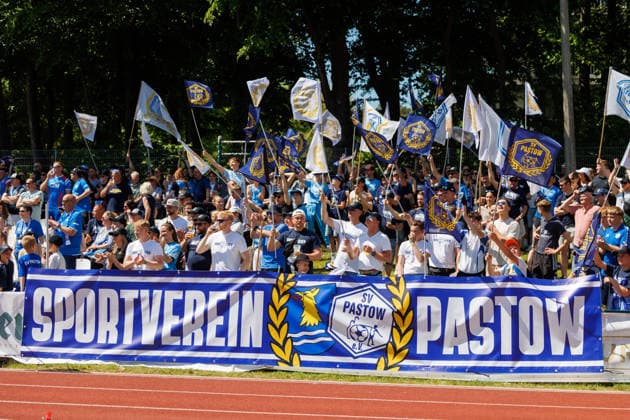 Fan block with fans from SV Pastow GER, FC Hansa Rostock vs SV Pastow, Football, Men, Lübzer Pils Landespokal, Final, Season 2025 2026, 23 05 2026 Greifswald Volksstadion Mecklenburg Vorpommern Germany