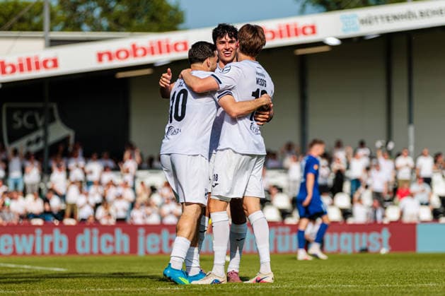 L R Berkan Taz SC Verl, 10 , Marco Woerner SC Verl, 11 , Fabian Wessig SC Verl, 18 L R celebrating the goal for 3 0 GER, SC Verl vs SF Lotte, Football, Westfalenpokal, Final, Season 2025 2026, 23 05 2026 DFL Regulations prohibit any use of photographers as image sequences and or quasi video GER, SC Verl vs SF Lotte, Football, Westfalenpokal, Final, Season 2025 2026, 23 05 2026 Verl Copyright: xEibner-Pressefoto JanxRollingerx EP_JSK