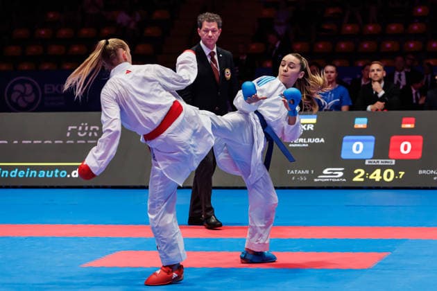 Mia Bitsch GER, red against Anzhelika Terliuga UKR, blue in Bronze Match Women Kumite 55, 23 05 2026, Frankfurt am Main Germany , 61 Karate European Championships 2026 Frankfurt Main xprx