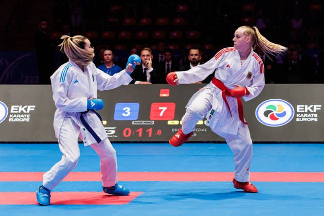 Mia Bitsch GER, red against Anzhelika Terliuga UKR, blue in Bronze Match Women Kumite 55, 23 05 2026, Frankfurt am Main Germany , 61 Karate European Championships 2026 Frankfurt Main xprx